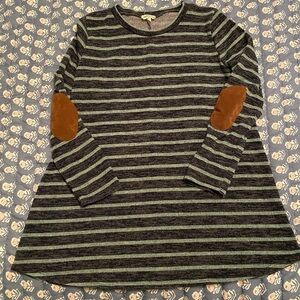 Navy blue and light blue striped elbow patch tunic sweater